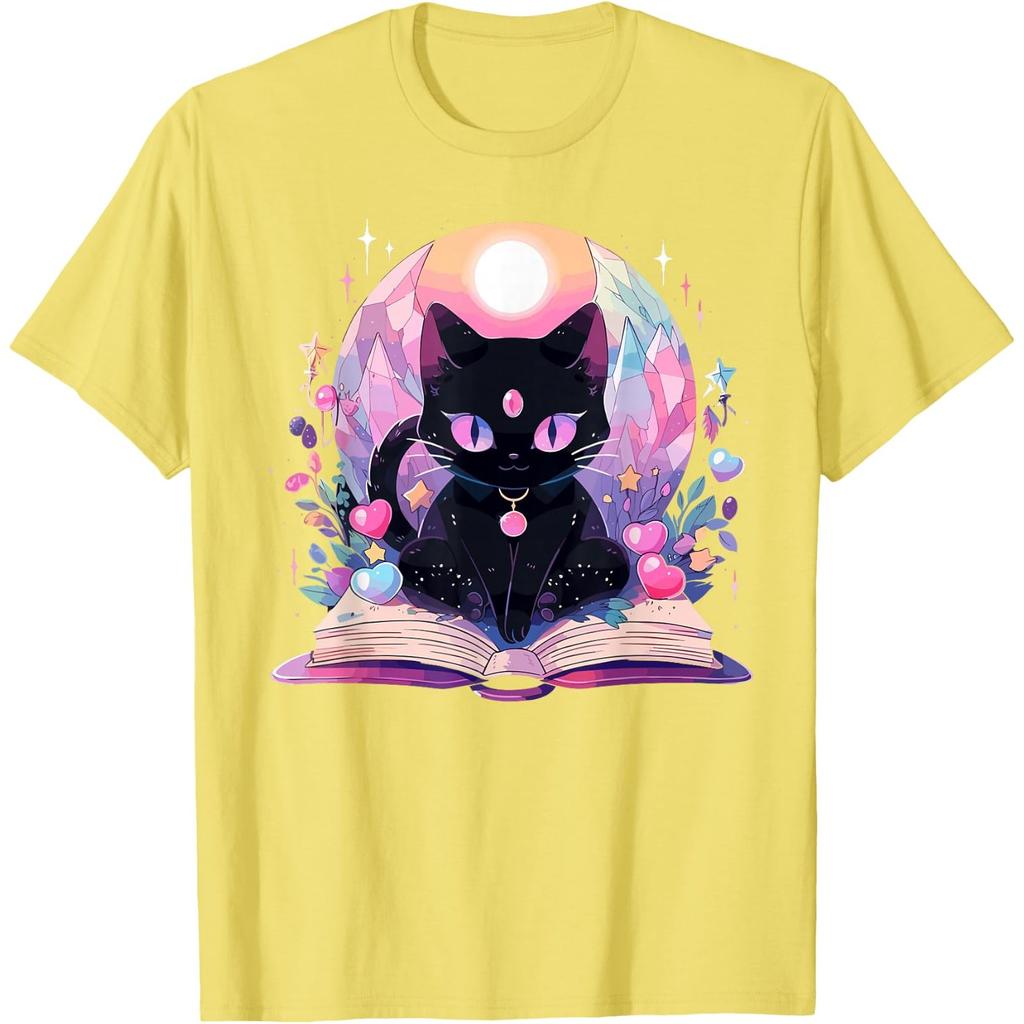 Book Lover Crystal Witchy Cute Black Cat Kawaii Pastel Goth T-Shirt