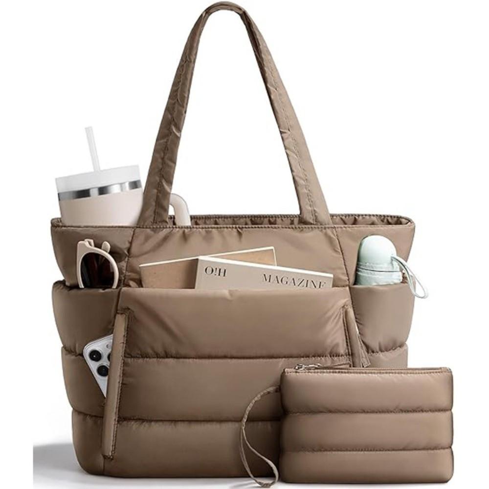 Large Capacity Puffer Tote Bag for Women with Coin Purse Water-resistant Puffy Handbag Casual Multiple Pockets Commuting Bags