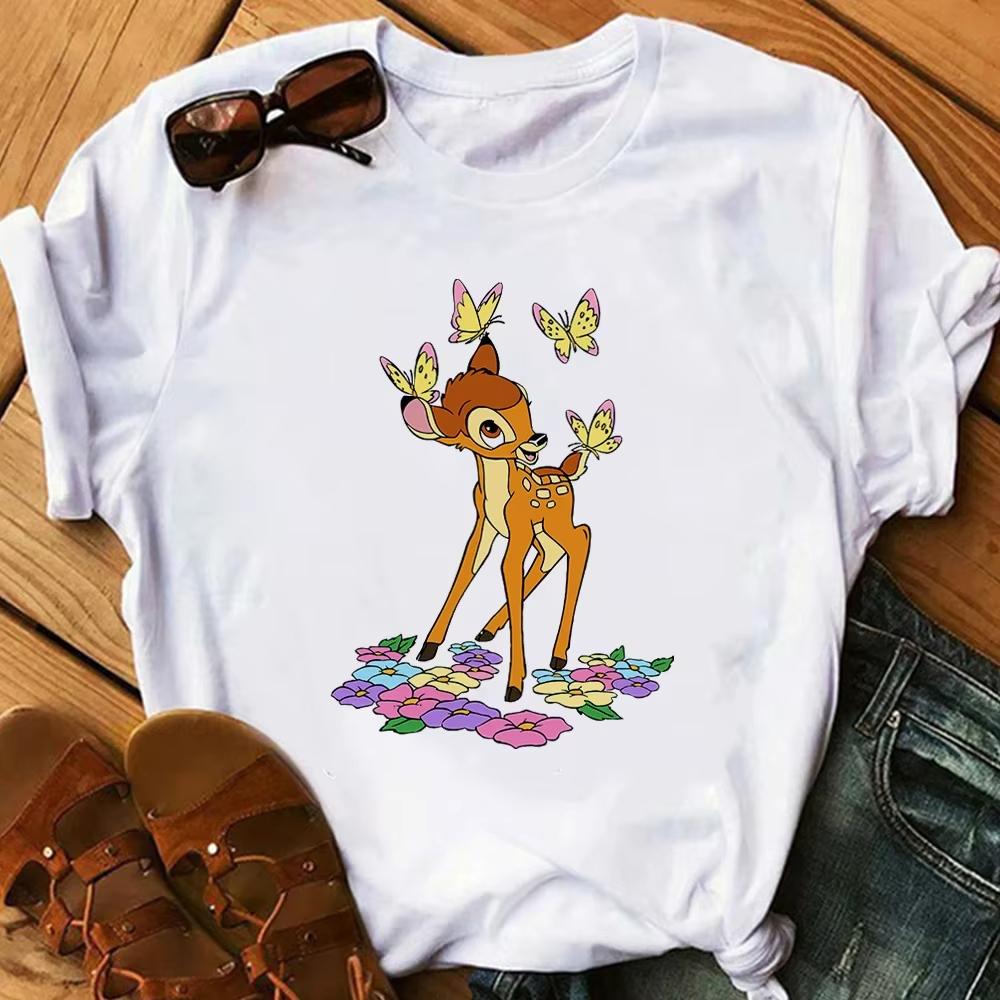 Cartoon Cute Bambi Printed T Shirt Fashion Women Casual Short Sleeves Streetwear Tshirt Summer Harajuku Tshirts Tops