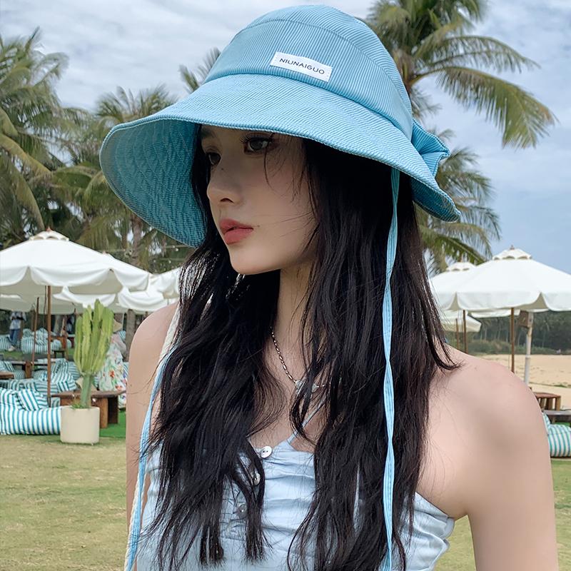 Retro Blue Striped Bucket Hat Women's Spring and Summer Big Brim Sun Hat Big Head Circumference Showing Washbasin Hat