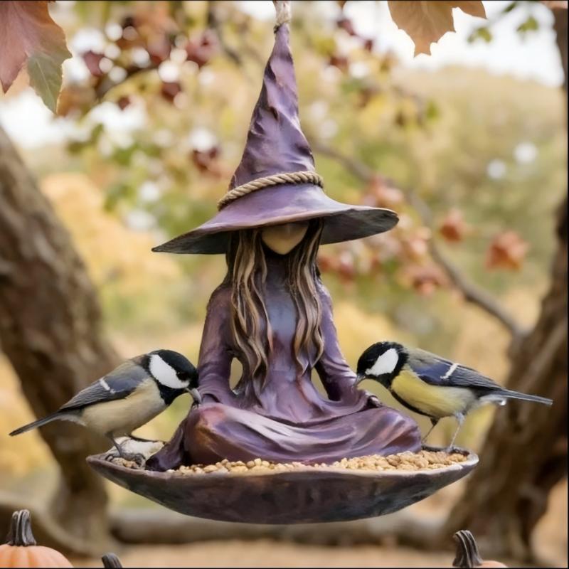

Садовая кормушка для птиц «Медитирующая ведьма», дизайн в виде шляпы ведьмы из фиолетовой смолы с веревочным подвесом, 19 см x 15 см / 7,5 дюйма x 5,9 дюйма фиолетовый