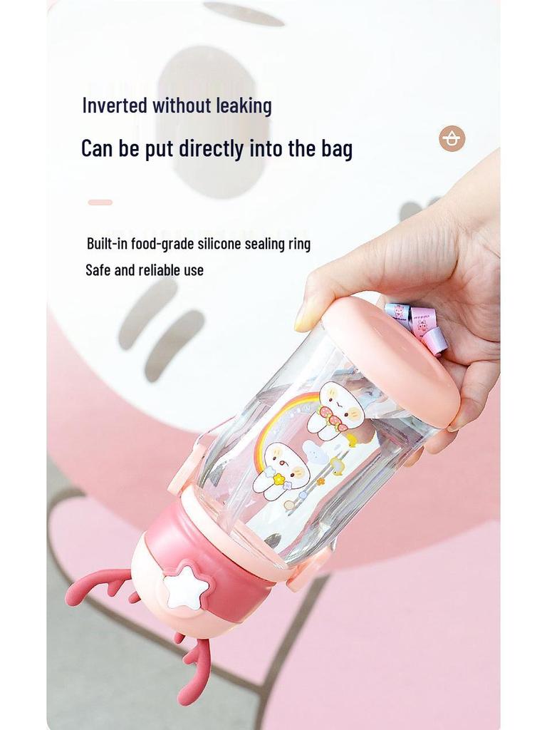 Children's Cartoon Antler Straw Cup - Portable Summer Outdoor Plastic Water Cup with Strap