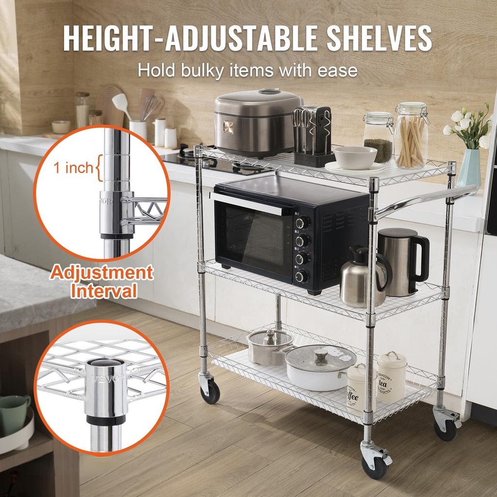 Kitchen Utility Cart, 3 Tiers, Wire Rolling Cart with 661LBS Capacity, Steel Service Cart on Wheels, Metal Storage Trolley with 80mm Basket Curved