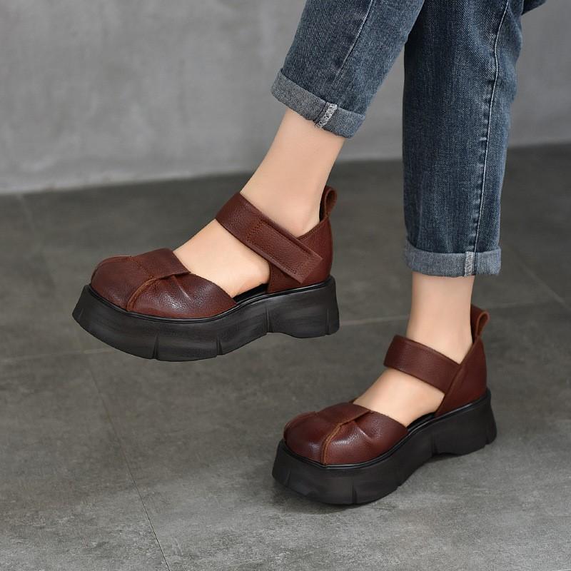Johnature Retro Lightweight Thick Soled Sandals Genuine Leather Roman Women's Platform Shoes