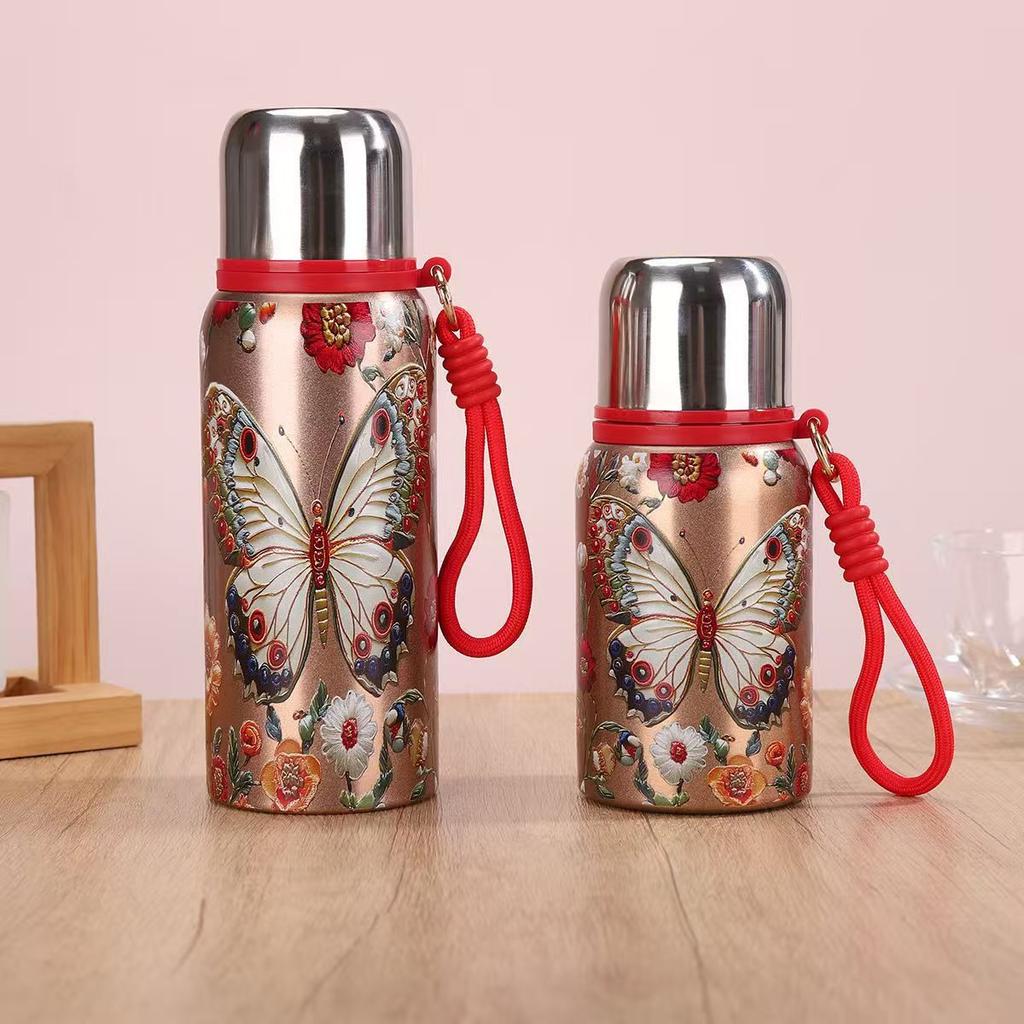 Guofeng Koi Pattern 304 Stainless Steel Thermos Cup Peacock Pattern Portable Lanyard High Value Water Cup Business Gift