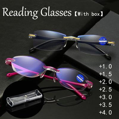 Modne małe bezramkowe okulary do czytania blokujące niebieskie światło, damskie męskie kwadratowe bezramkowe okulary presbiopijne dioptrie +1.0+1.5+2.0+2.5+3.0+3.5+4.0 z etui