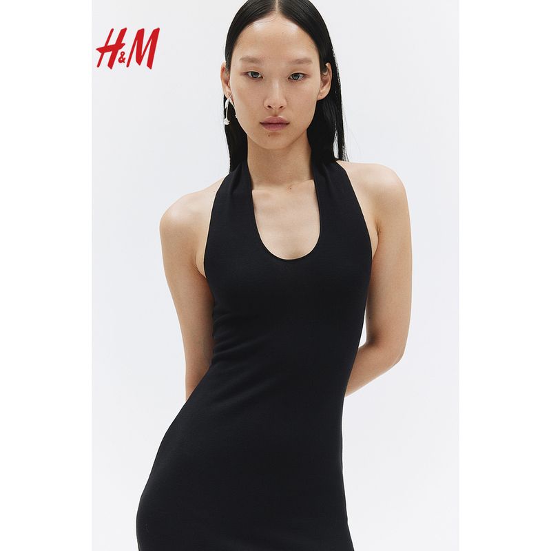 

HM Women s Clothing Halterneck Dress Summer Silm Slim Looking Elegance Open Back Sleeveless Formal Mid-Length Dress 1247438 Black 155/80