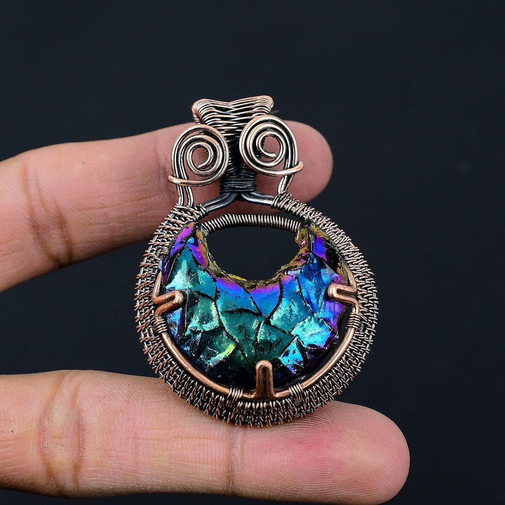 Titanium Druzy Gemstone Copper Wire Wrap Handmade Pendant Jewelry Gift For Love