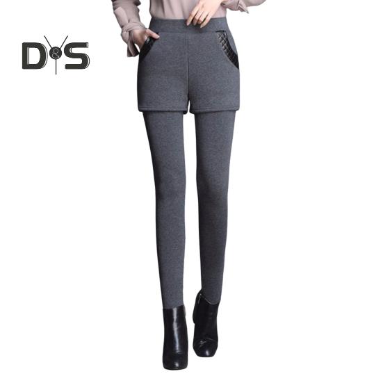 

Женские шорты с высокой талией, облегающие, устойчивые к холоду, теплые, повседневные брюки с карманами, из искусственной кожи, поддельные двухкомпонентные леггинсы L серый