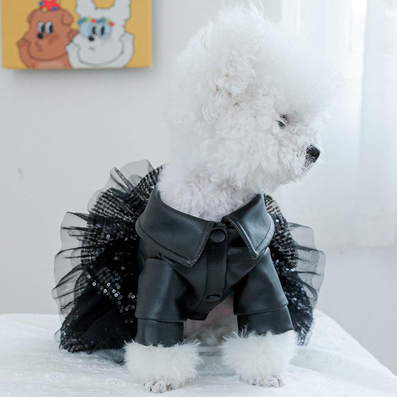 Black PU Dog Clothes Winter Luxury Leather Costume Clothing Warm Coat For Small Dogs Chiwawa Sequins Tulle Skirt Coats Jacket XS