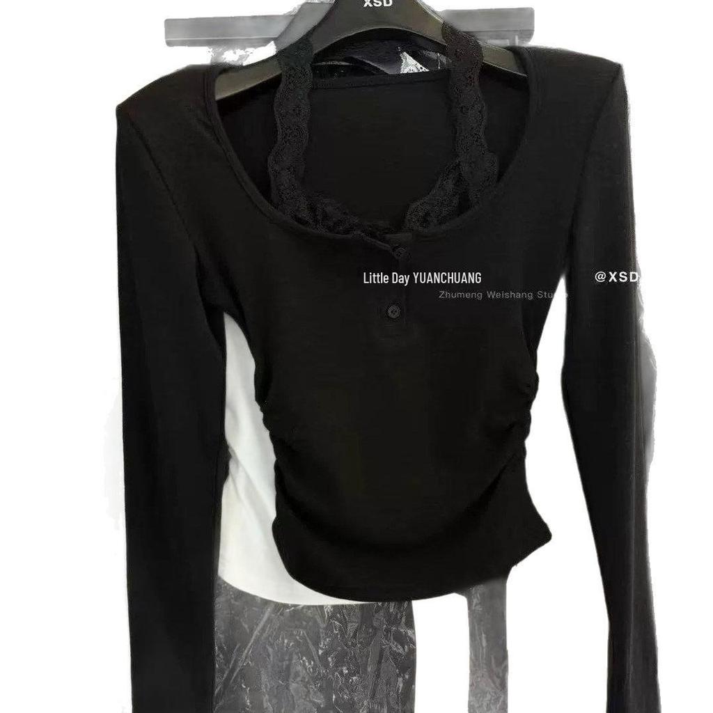 2025 Autumn/Winter Thermal Korean Halter Neck Lace Patchwork Long Sleeve T-shirt - Fake Two-Piece Women's Base Layer.