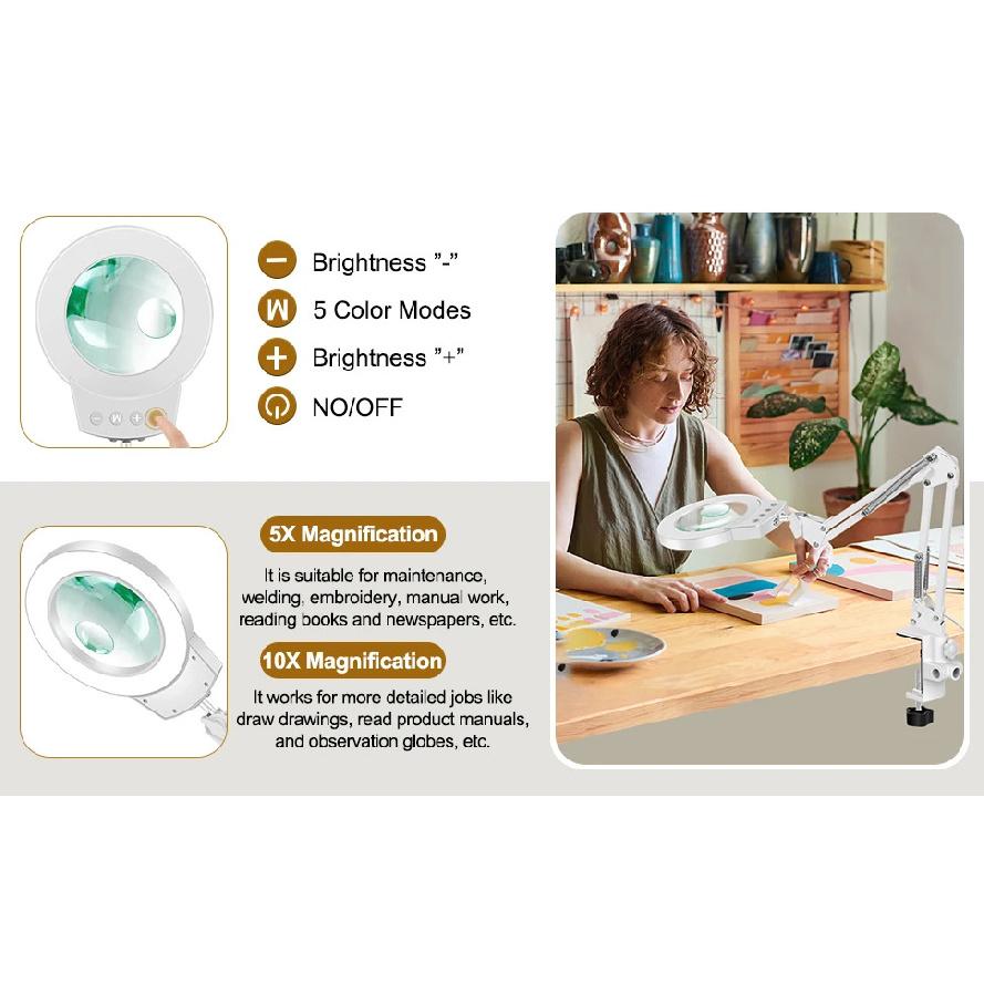 Long Swing Arms 5X/10X Magnifying Glass Lamp with 5 Color Adjust LED Lights Reading Table Lamp for Welding Repair Close Work