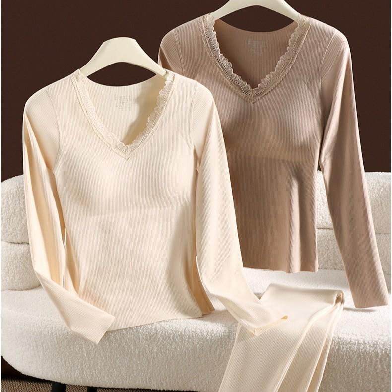 Women's Cashmere Silk Lace Seamless Thermal Set with Chest Pads: Slimming Base Layer for Autumn/Winter