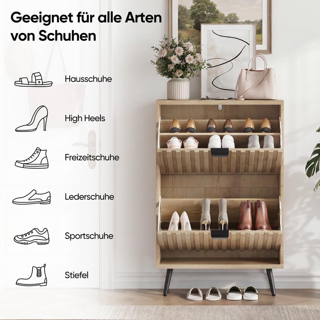 60 Cm Shoe Cabinet In Natural Wood Look, Freestanding, Mid-Century Modern Style, Two Tilt Compartments, Grooved Surface; for Entrance Areas, Foyers