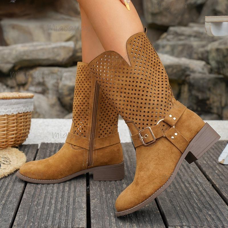 Vintage Metal Belt Buckle Black Brown Mid-Calf Boots Women 2025 Autumn Bohemia Hollow Out Brown Suede Boots Retro Cowboy Shoes