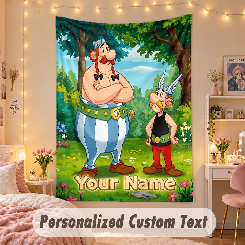 Custom Personalized Tapestry,Asterix & Obelix Print Custom Name Text Wall Art Hanging for Bedroom