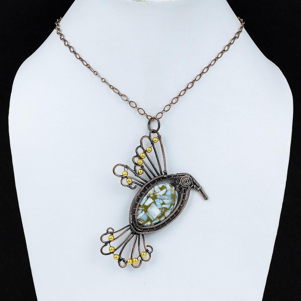 Copper Larimar Pendant Copper Wire Wrapped Gemstone Pendant Dainty Copper Jewelry Bird Pendant Handmade Pendant Larimar Jewelry Gift For Her