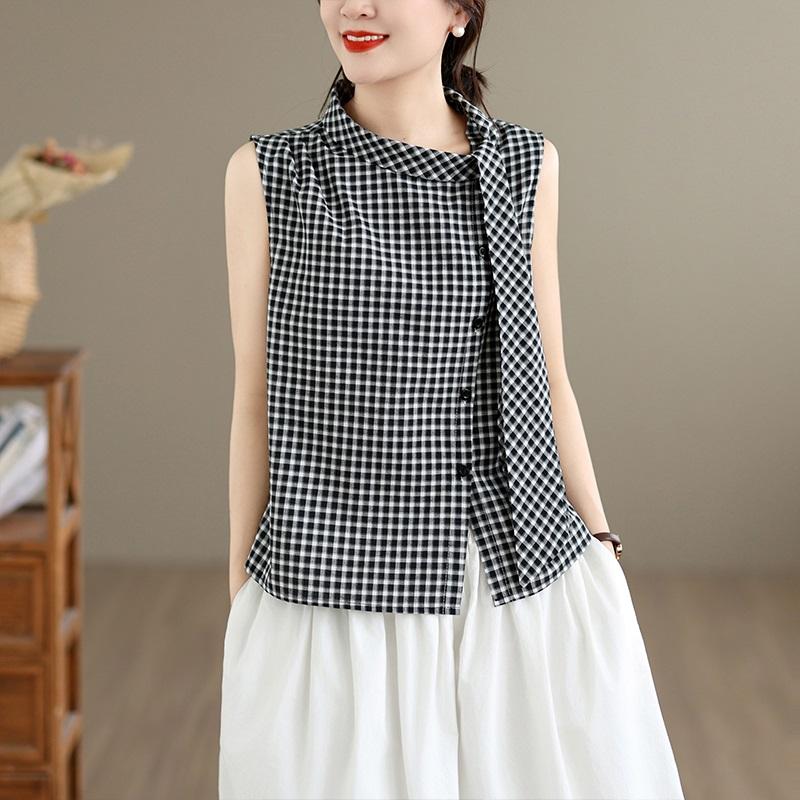 

sleeveless oversized Cotton vintage plaid blouse Casual loose summer tank tops women button up shirt M