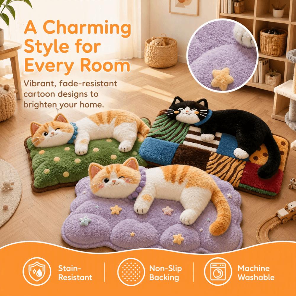 2D Cat  Area Rug Non-Slip Cartoon Carpet Soft Home Decor Carpet  Bedrooms