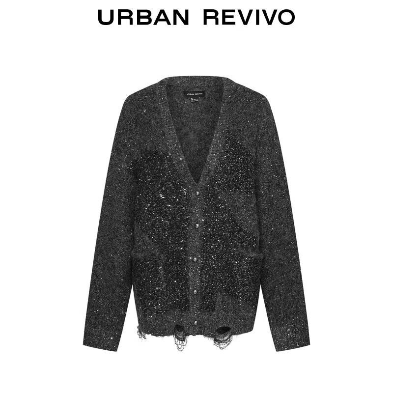 UR2025 Women's Sequin Distressed V-Neck Oversized Knitted Cardigan