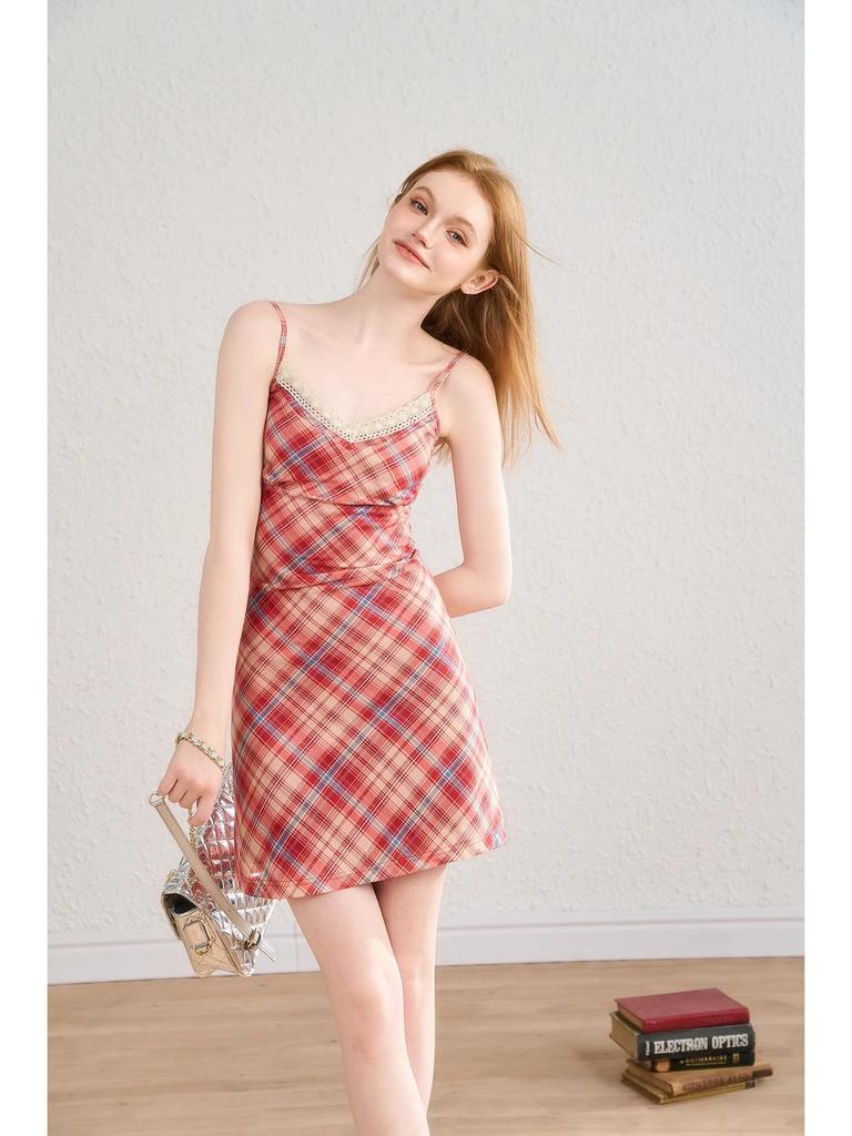 Women's Summer Plaid Mesh A-line Dress with Lace Trim and Spaghetti Straps