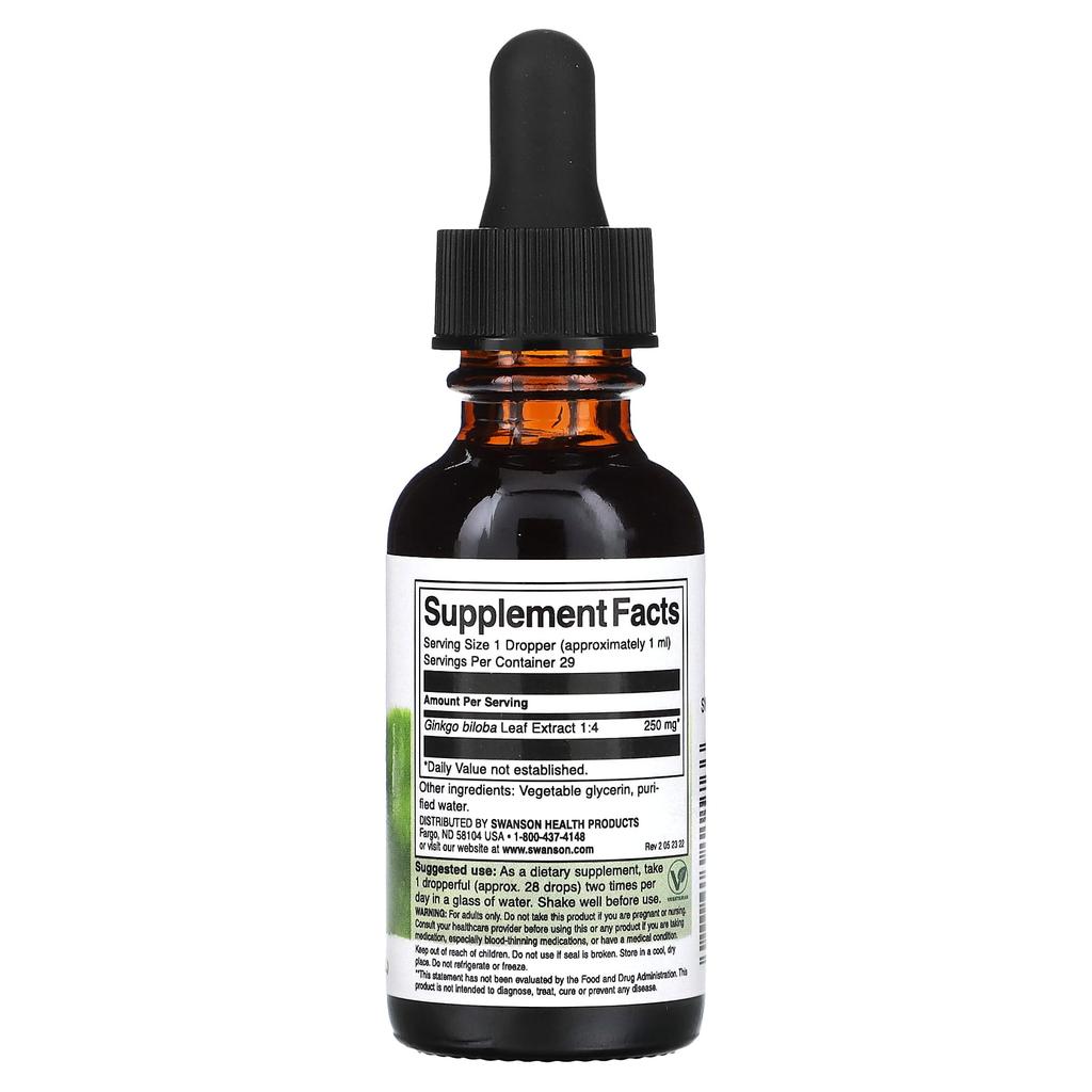 Ginkgo Biloba Liquid Extract, Alcohol & Sugar Free, 29.6 mL (1 Fl Oz) (250 Mg Per Serving)