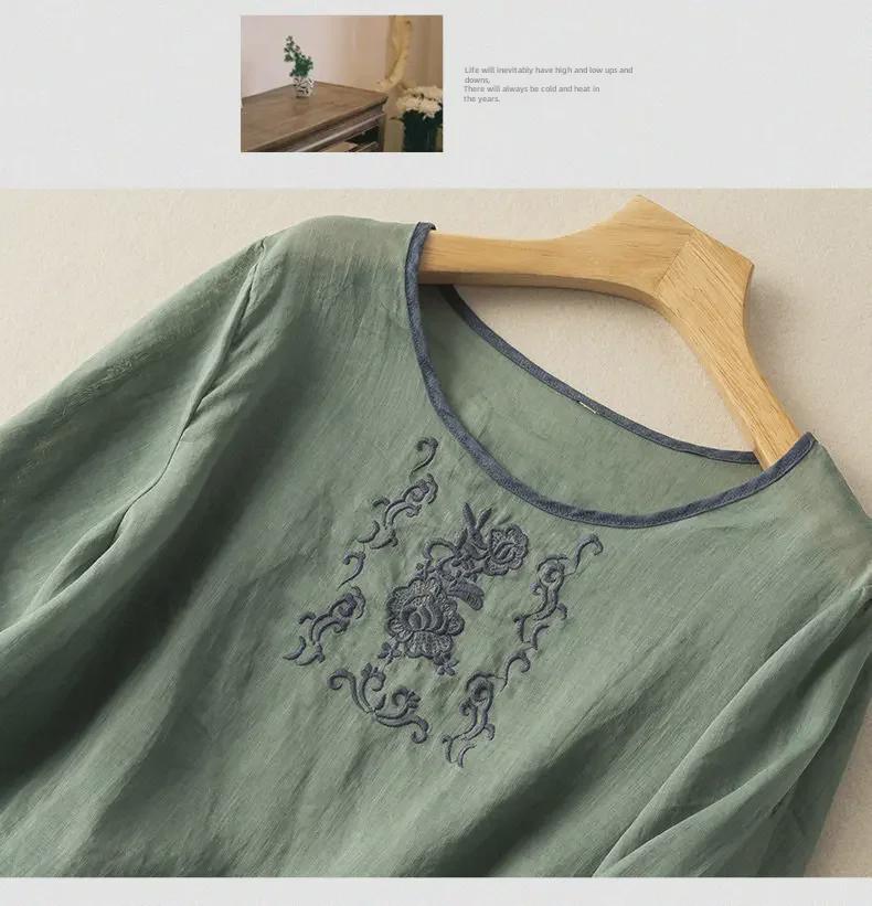 2024 Chinese Style Embroidered Three-Quarter Sleeve Cotton-Linen Pullover