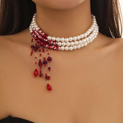 Vintage Red Blood Pattern Necklace for Women Multilayer Pearl Crystal Bead Pendant Necklaces Gothic Halloween Accessories