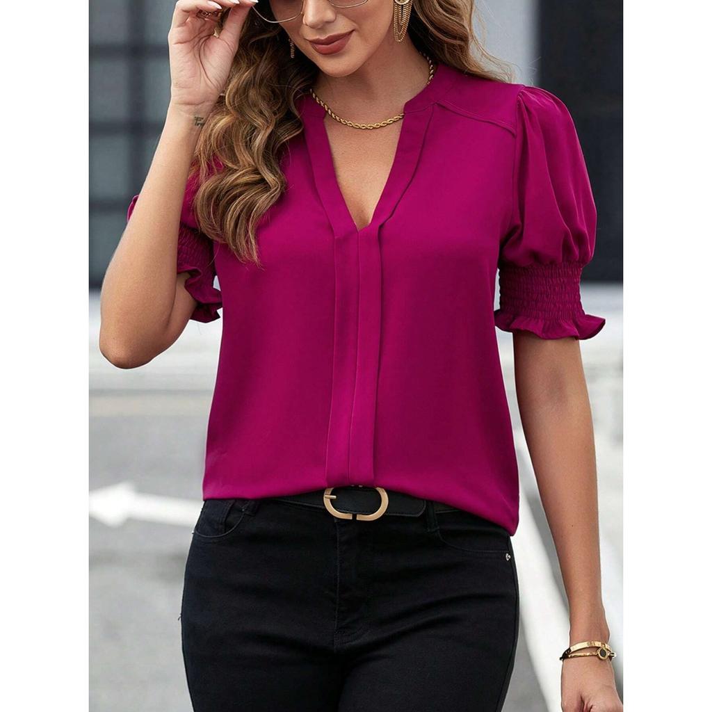 GMXIA Women's Summer V-neck Style Puffy Sleeve Solid Color Blouse Blouse