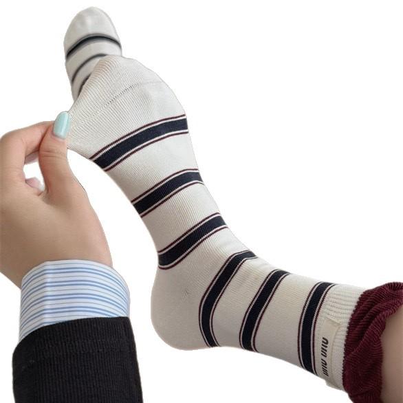 Boneless Striped Socks Women'S Contrast Color Double Luo Mouth Letter Cloth Label Mid-Tube Socks Cotton Sweat-Absorbing Breathable Pile Socks
