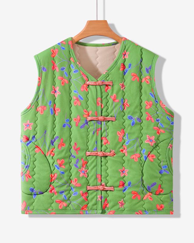 Women's Plus Size Floral Fleece-Lined Cotton Vest - Sleeveless, Thick, Warm Jacket for Middle-Aged and Elderly