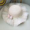Girls Straw Hat With Pearl Bow And Mesh Wide Brim Wavy Edge Sun Protection Beach Summer Cap For Kids