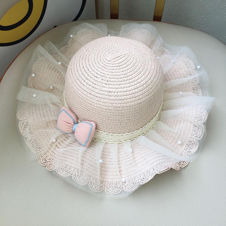 Girls Straw Hat With Pearl Bow And Mesh Wide Brim Wavy Edge Sun Protection Beach Summer Cap For Kids