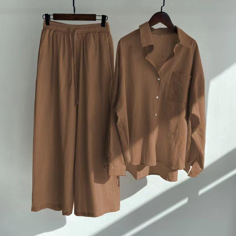 Set camicia da donna 2 pezzi vintage taglie forti in cotone e lino, pantaloni ampi a vita alta