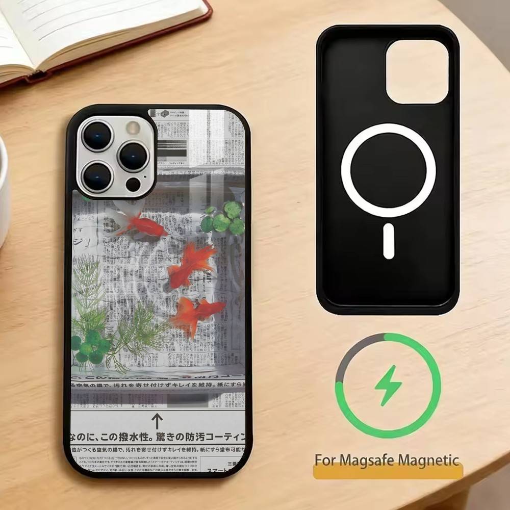 Newspaper Goldfish Phone Case For iPhone17,16,15,14,13,12,11 Plus,Pro Magnetic For Magsafe Wireless Charging