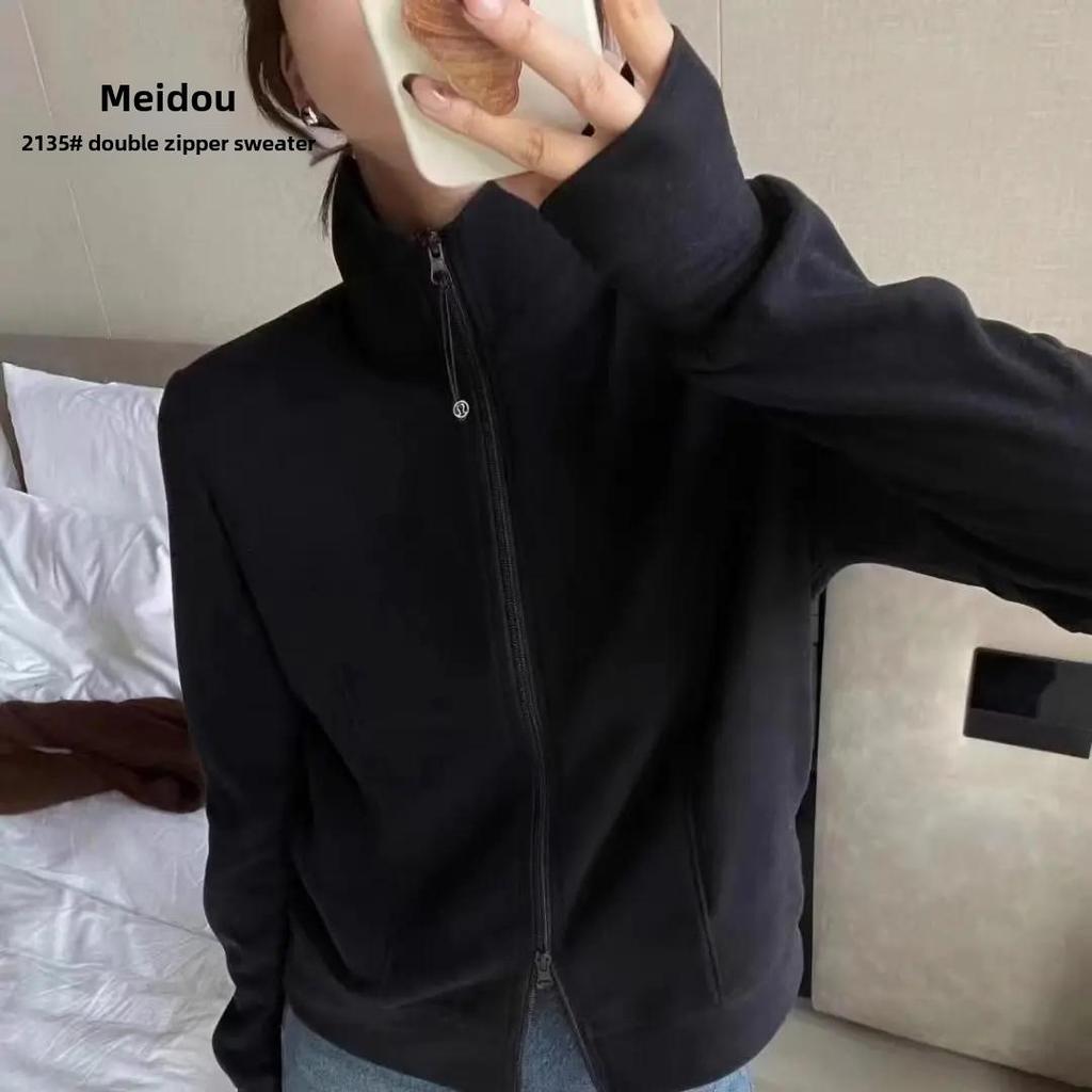 2024 Herbst/Winter Damen Minimalistischer Doppelreißverschluss Stehkragen Layering Samtpullover Strickjacke