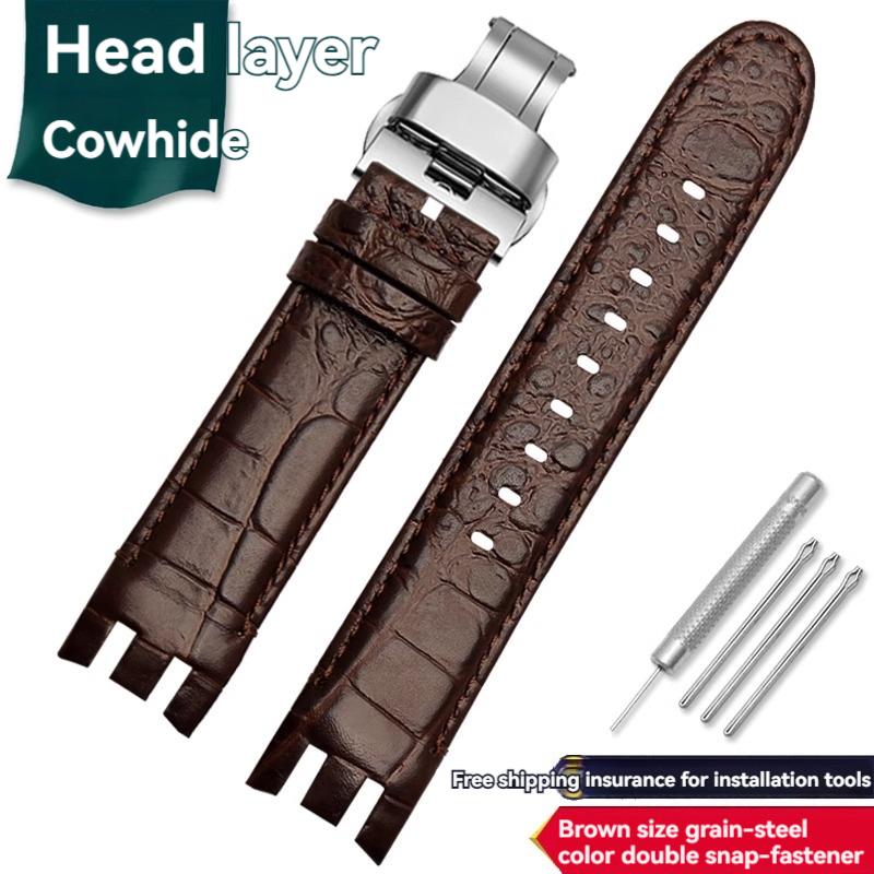 Pulsera de Interfaz Curva Dedicada de 21 mm para Reloj Swatch Correa de Cuero de Vaca para Hombre YRS403 YRS412 YRS402g Correa de Piel de Ternero con Herramientas