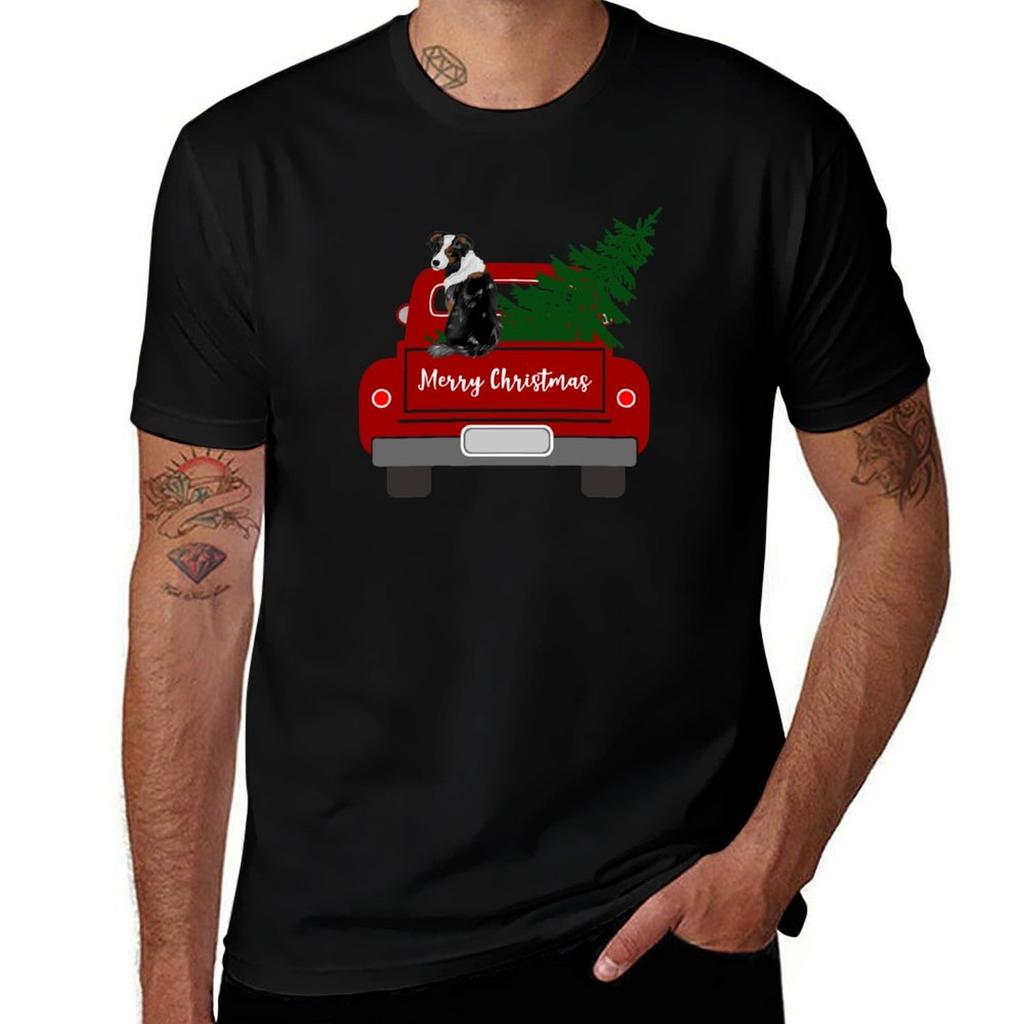 Australian Shepherd Christmas Tree Red Retro Truck Tshirt Funny T Shirts Dark Humor Tshirt