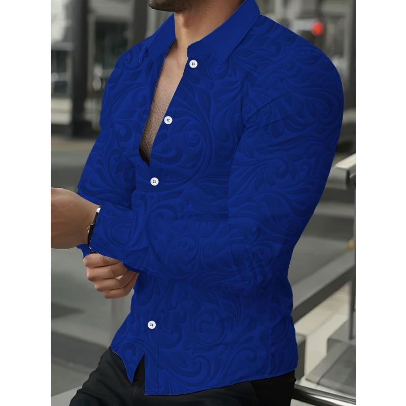 Men's Retro Street Texture Print Long Sleeve Shirt with Single-Breasted Lapel Design, Machine Washable, Suitable for Spring/Autumn