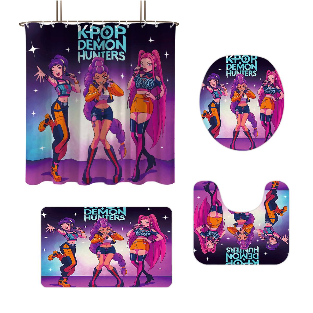 

Набор для ванной K-Pop Demon Hunters с принтом, 4 предмета 180X180 Водонепроницаемая шторка для душа Коврик для пола Коврик для туалета U-образной формы Regular