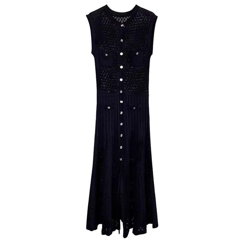 

Легкое роскошное платье без рукавов из ажурного трикотажа длиной выше колена с большим разрезом – облегающий, элегантный женский стиль Medium чёрный