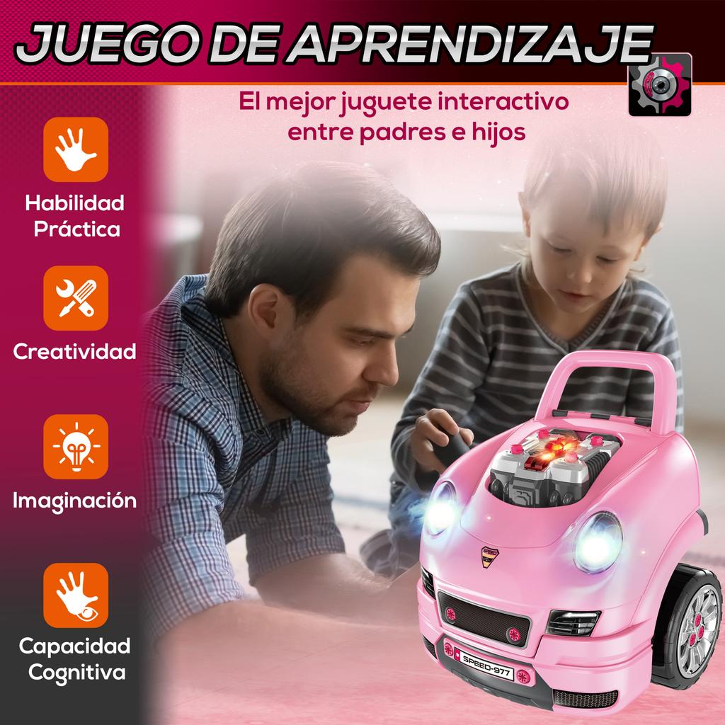 Children's Motor Set with Tools, 61 Pieces, Steering Wheel, Horn, Headlights, Storage Box and Wheels, 40x39x47 Cm, Pink