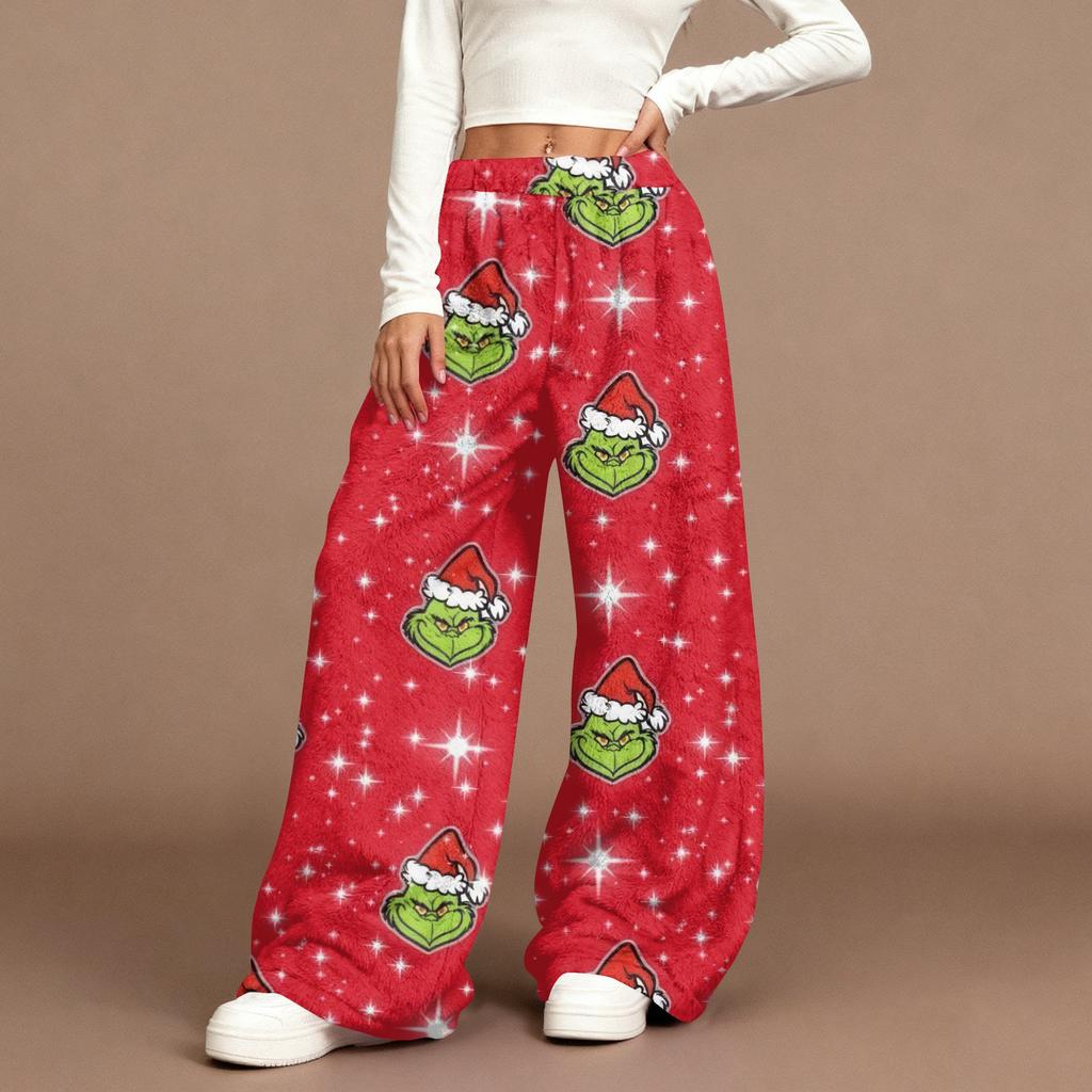 Women's Casual Fashion Christmas Print Elastic Waist Loose Plush Wide Leg Pants