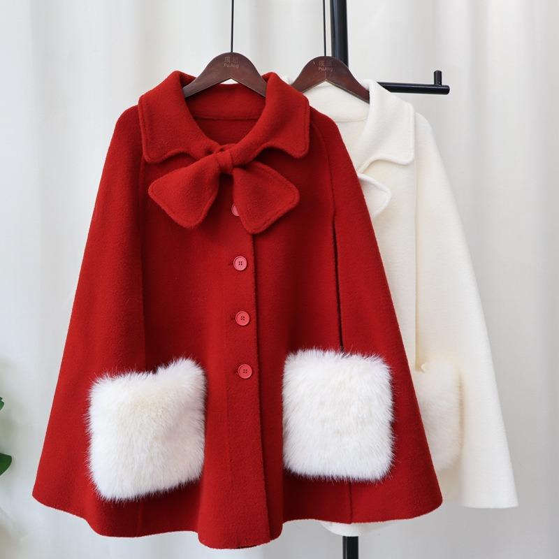 Bow knitted double-sided woolen coat cape autumn and winter new high-end sweater jacket women