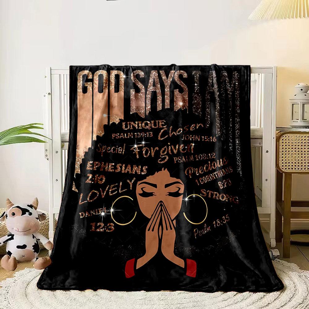 God Says I Am Religious Blanket with Inspirational Scripture and Afro Lady Design Blanket for Livingroom Lunch Break Throw for Friend's Festival Gift