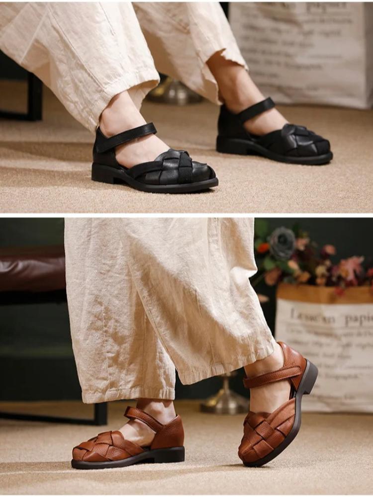 Johnature Vintage Woven Round Toe Sandals Soft Soled Comfortable Low Heeled Women's Shoes