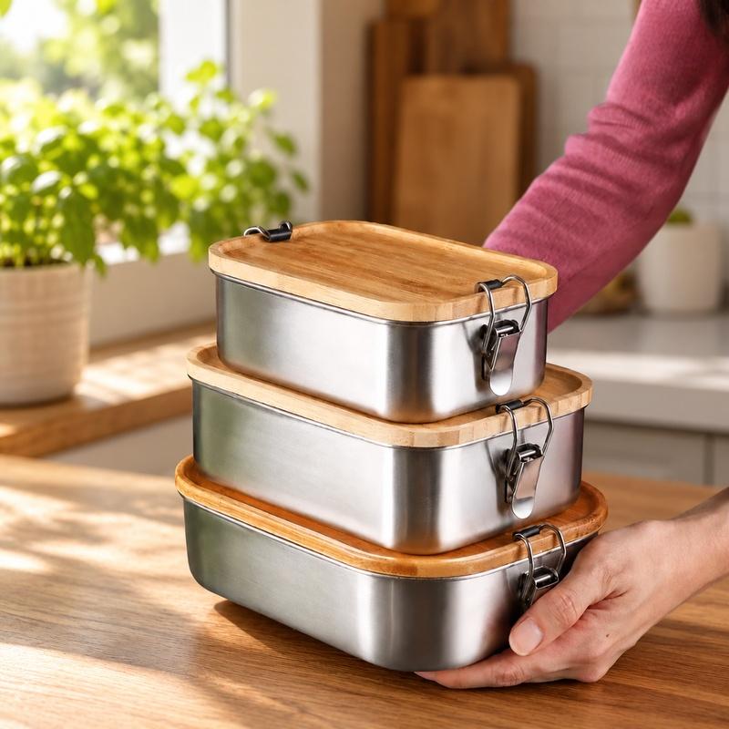 Japanese-Style Lunch Box Made of 304 Stainless Steel with Eco-Friendly Bamboo Cover, Long-Lasting Food Storage Container