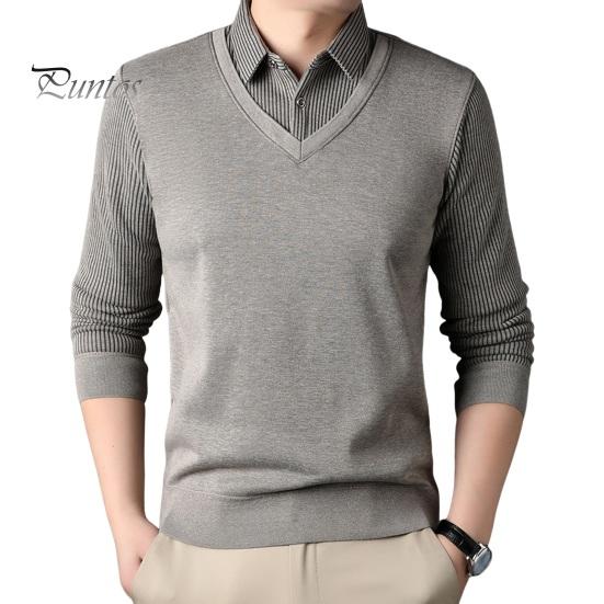 

Мужской свитер, имитация двухсекционной рубашки и свитера, формальный деловой стиль, отложной воротник, длинные рукава, полосатый офисный топ на осень и весну M верблюд