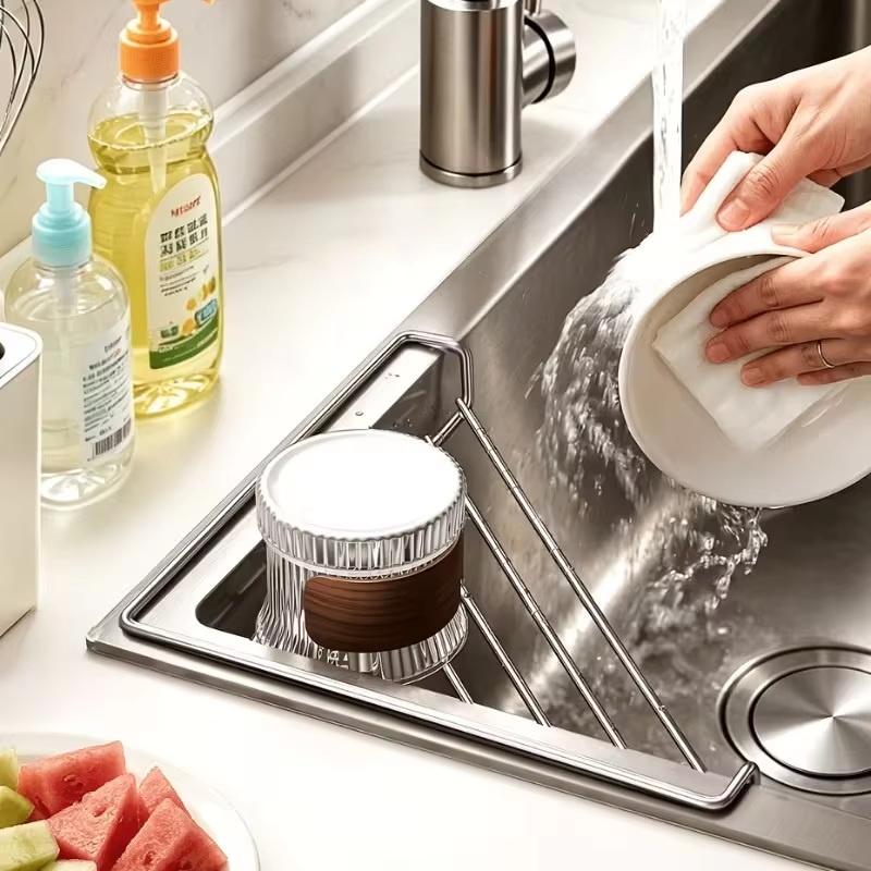 Sink Drying Rack 201 Stainless Steel Rustproof Triangle Kitchen Storage Organizer Corner Drain Basket for Utensils