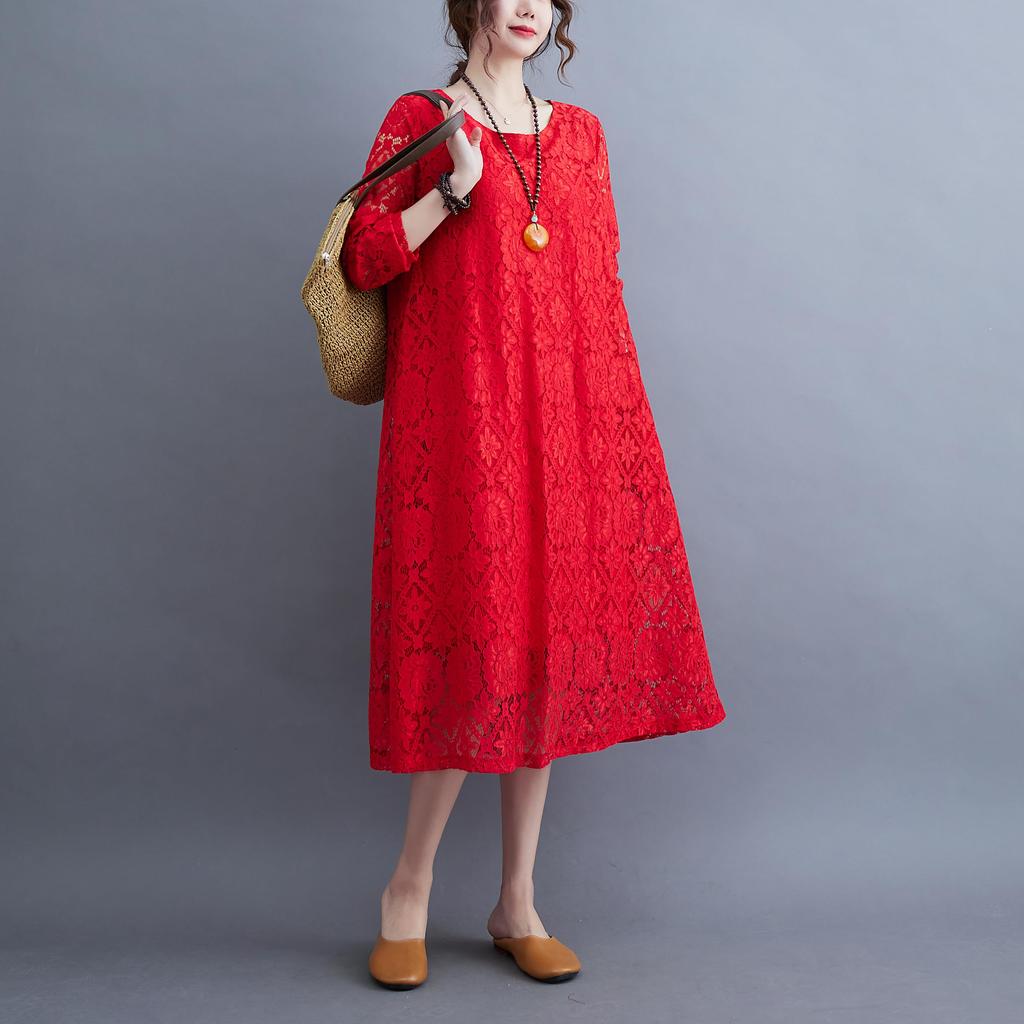 Hanmall Red Lace Long Plus Loose Perfect for and Round Flared Fashion Dress, Sleeve, Women's, Size, Figure-Flattering, Casual, Fit, Spring, Summer,